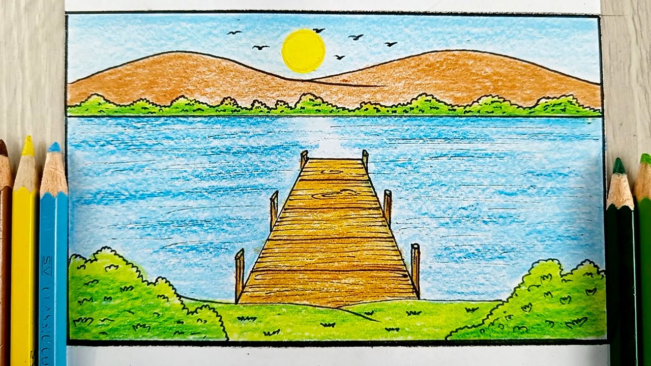 رسم سهل | تعلم رسم منظر طبيعي بسيط وجميل بالألوان الخشبية بسهولة فائقة!