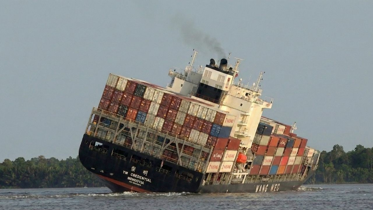 Spectacular Turn! Container Ship Tilts Hard in a Narrow River Turn