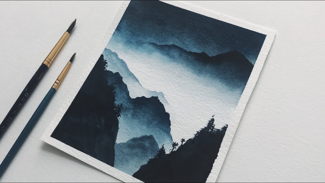 Indigo watercolor painting landscape mountains for beginners | watercolor easy landscape tutorial
