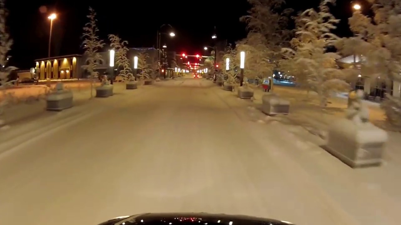 Fairbanks Alaska Downtown Drive Go Pro Car Dash Cam at night December 17, 2016