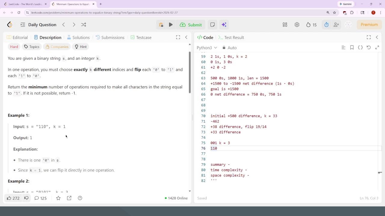 3666. Minimum Operations to Equalize Binary String [Hard] | Leetcode Daily | 2-27-26