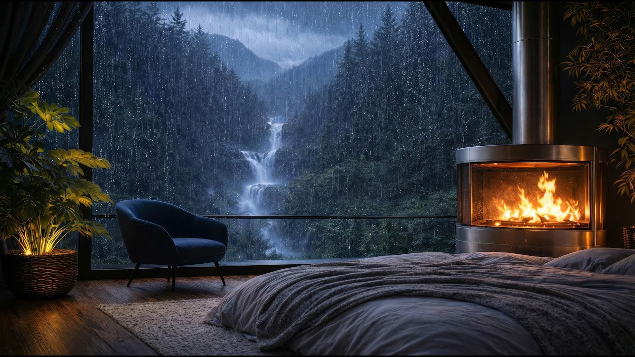 12 Hours Heavy Rain & Fireplace Sounds for Deep Sleep 🌧️🔥 Cozy Cabin Night Ambience
