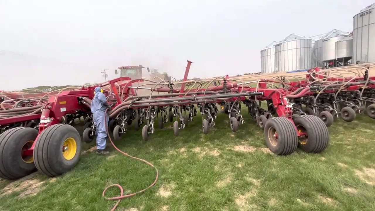 Blowing off Bourgault Air Drill after 2023 Seeding Season Complete