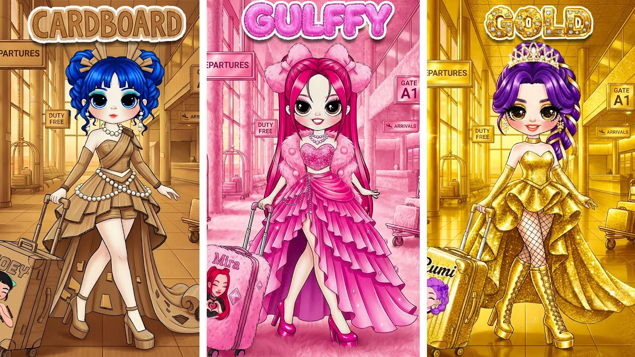 Rumi, Zoey & Mira Glow Up in Cardboard, Golden & Fluffy Airplane Fashion | DIY Fashion Paper Dolls