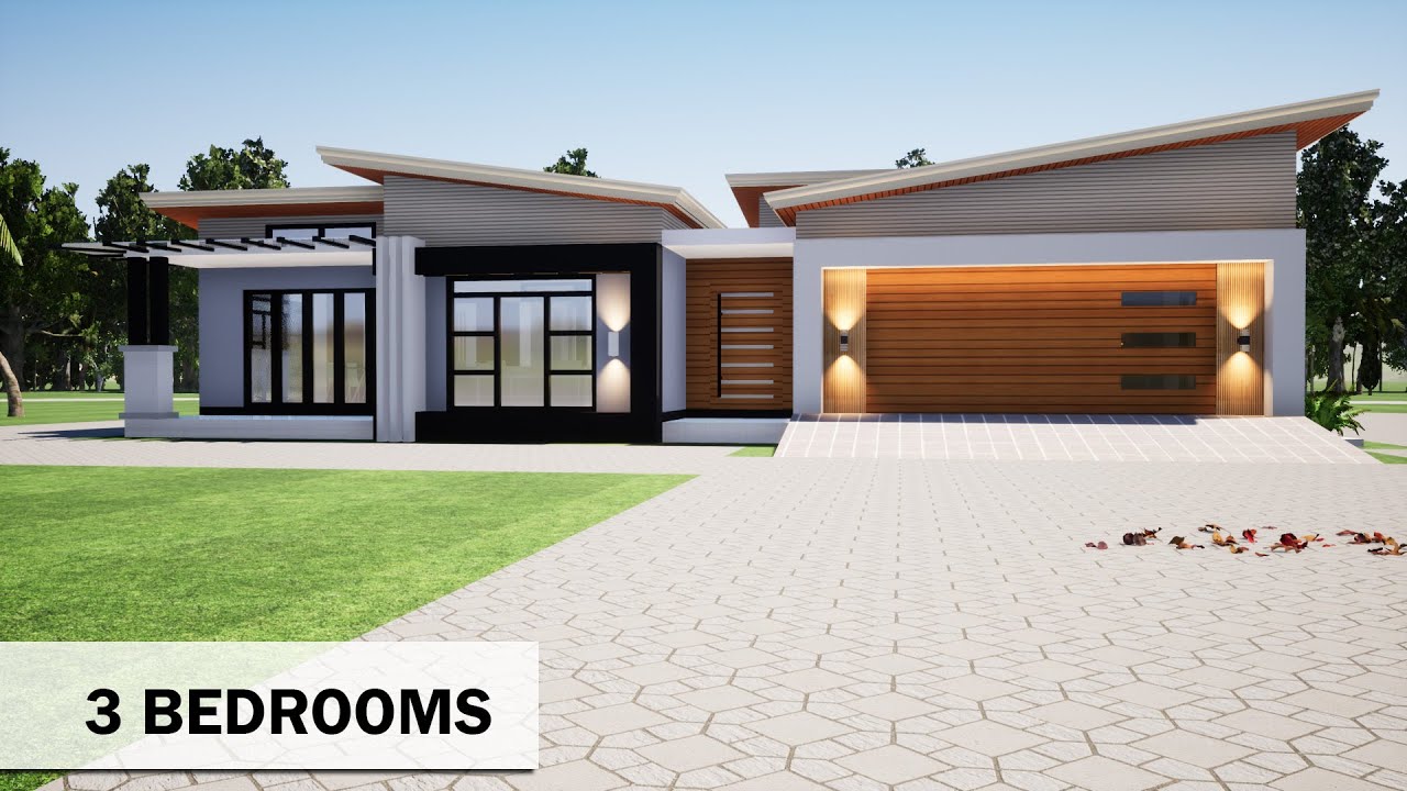 3 Bedroom plan | Butterfly roof house Design  | 19mx17m