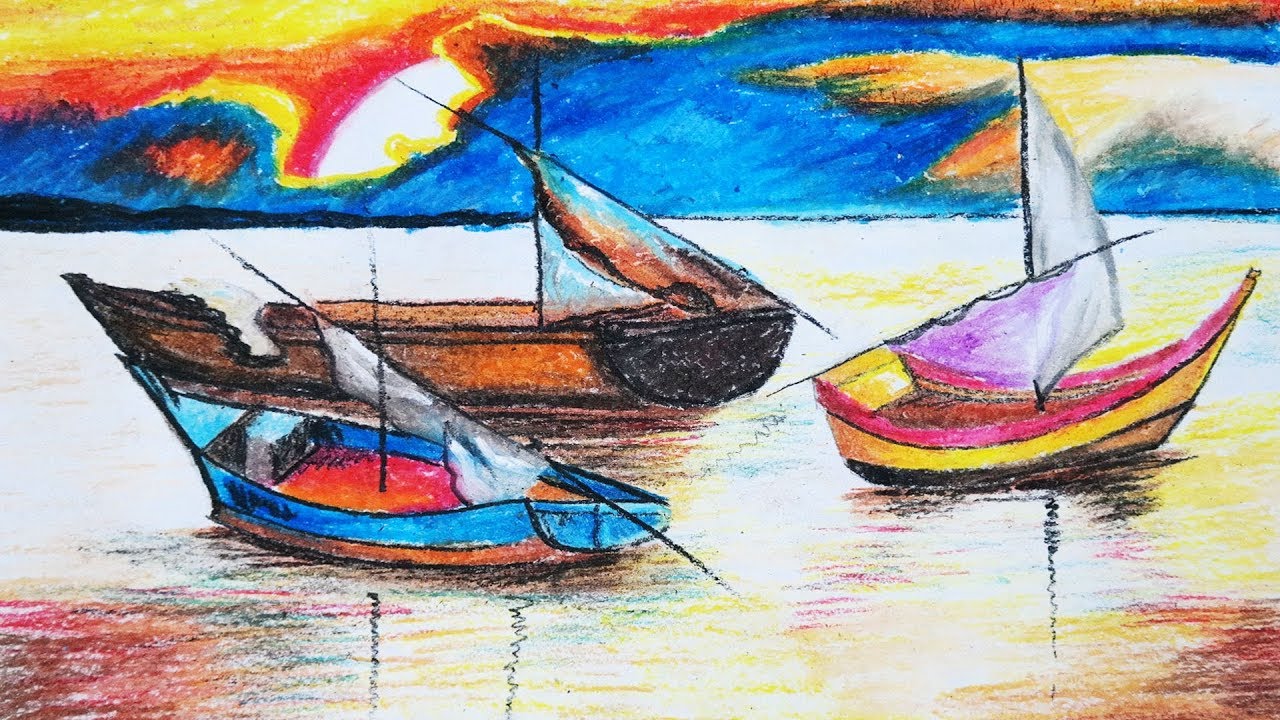 How To Draw Sunset Sky & River With Boat l Colorful Pastel Drawing