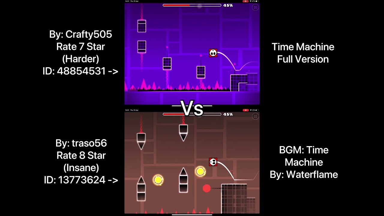 Geometry Dash = Time Machine Full Version (Comparison) (Crafty505 Vs traso56)