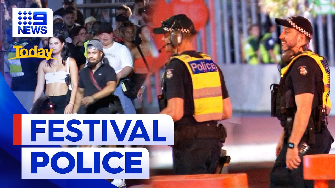 Intense police presence at Melbourne music festival after recent mass overdose | 9 News Australia