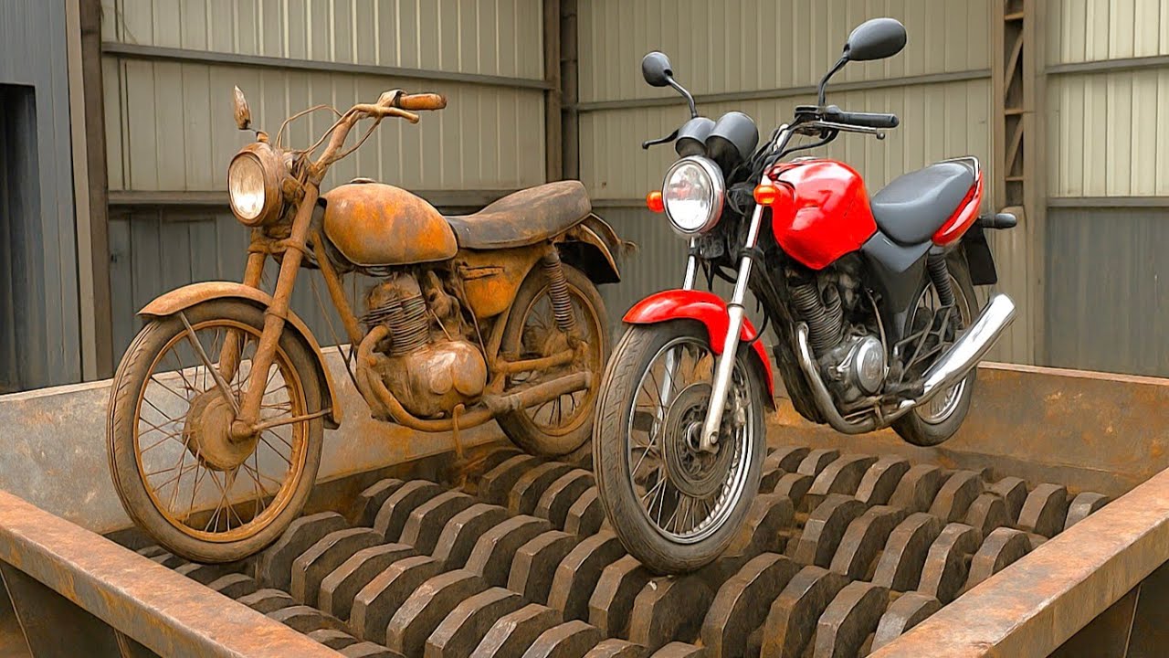 Massive Metal Shredder Destroying Motorcycle and Bicycle! Shredding machine 