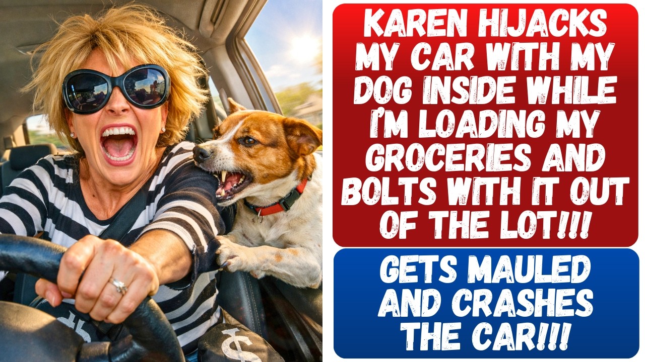 KAREN HIJACKS MY CAR WITH MY DOG INSIDE WHILE I’M LOADING MY GROCERIES & BOLTS WITH IT! GETS MAULED!
