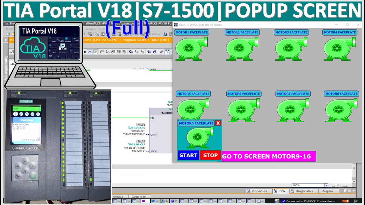 TIA Portal V18| PLC S7-1500| Create 18 pop up screen for control motors