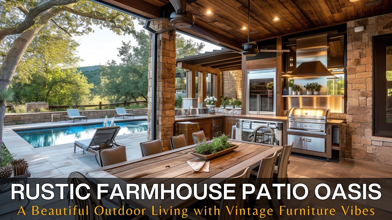 Rustic Farmhouse Patio Oasis: A Beautiful Outdoor Living Space with Vintage Wooden Furniture Vibes
