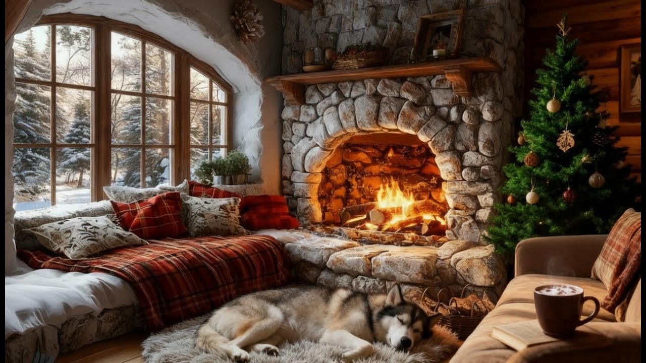 Cozy Winter Cabin Ambience ⛄🔥 | Crackling Fireplace, Falling Snow & Relaxing Winter Sounds (4K)
