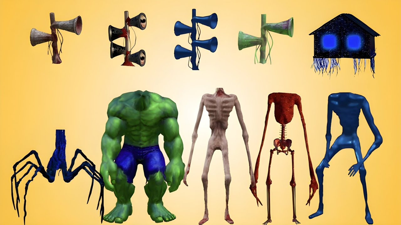 WRONG HEADS BLUE HOUSE HEAD, SIREN HEAD DONUT, CARTOON CAT HULK, SIREN HEAD ICE, TRIPLE SIREN HEAD