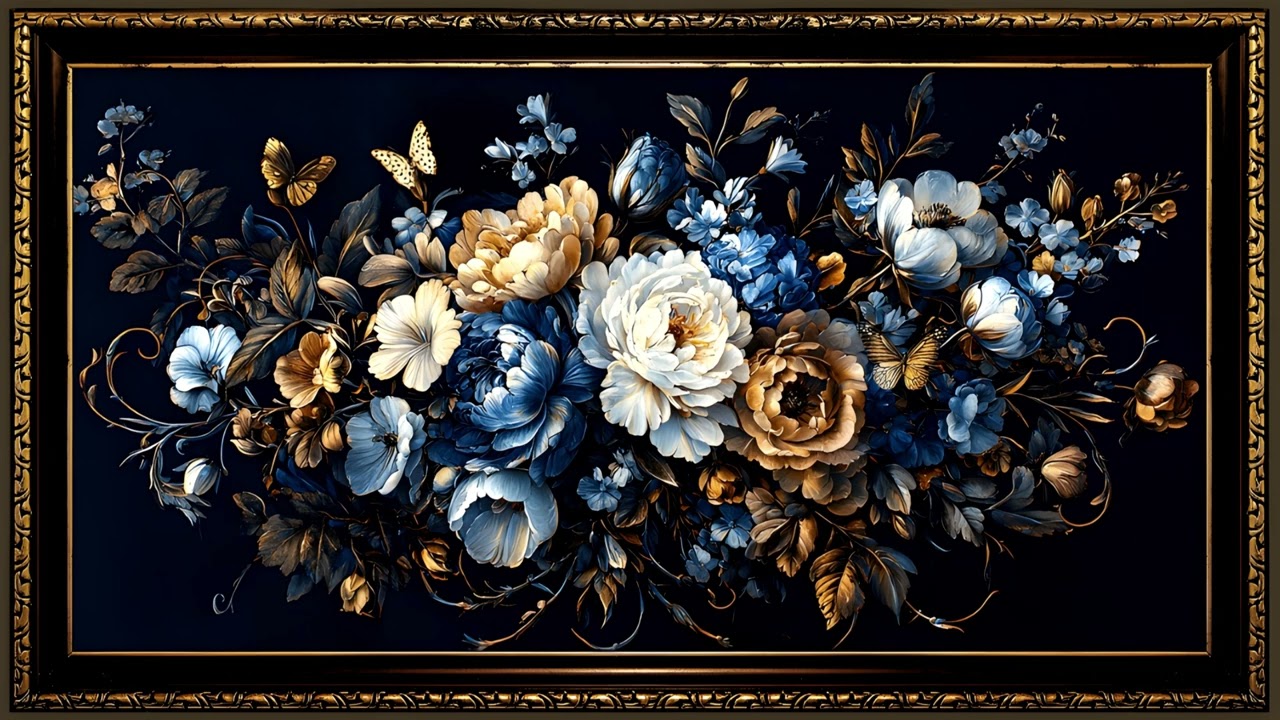 Victorian Blue and Gold Flowers, Dark Vintage Oil Painting | Gold Framed Art Screensaver for TV