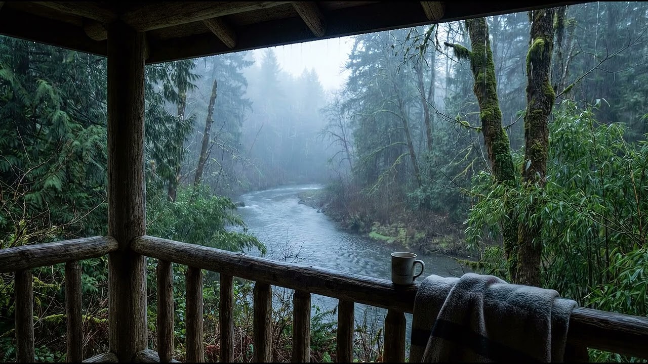 Cozy Cabin Porch in Rain by the River 🌧️ Relaxing Forest & River Sounds for Deep Sleep