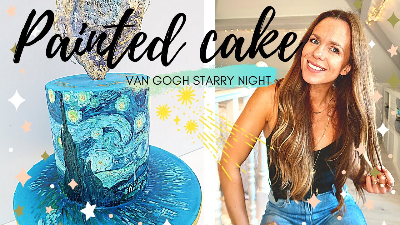 HAND PAINTED FONDANT CAKE|EDIBLE PAINTING |Van Gogh Starry Night|TALL CAKE BOX HACK|Isomalt Topper