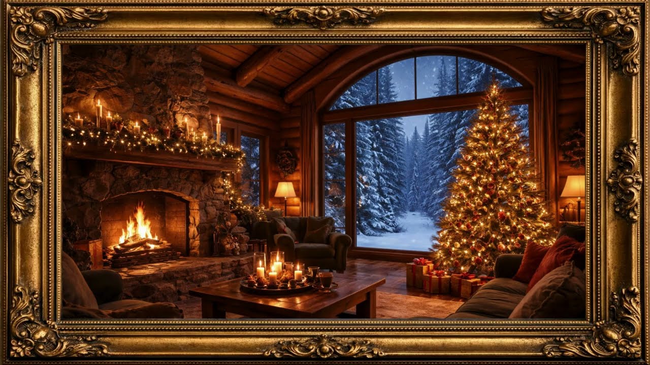 Gold Framed TV Art Screensaver (4K) — Cozy Christmas Cabin Fire Ambience with Music | 1 Hour