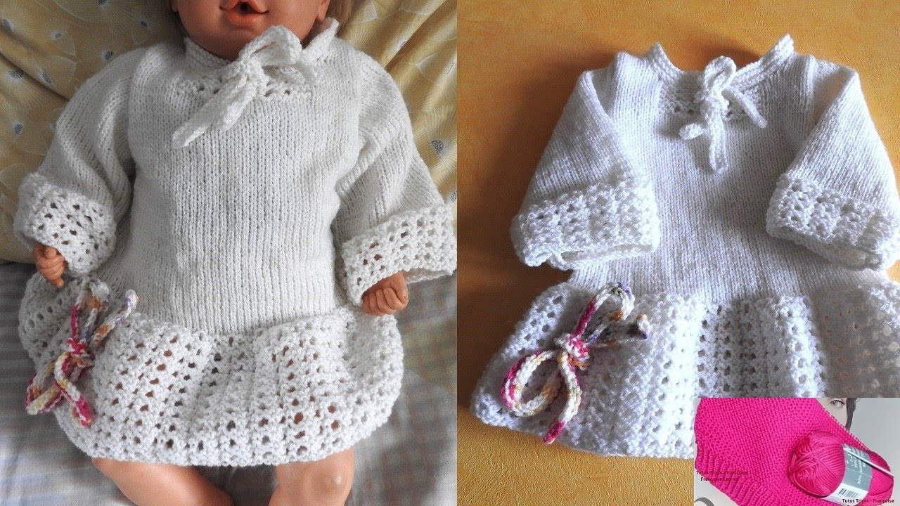 Tuto Tricot Robe Bébé tailles 0-3 mois / 6-9 mois / 12 mois / 18 mois point Mousse Ajouré et Jersey
