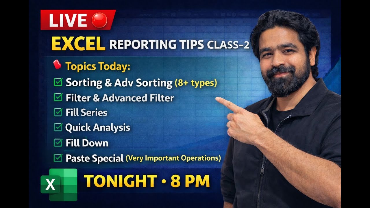 Excel Live Class in Hindi | Sorting, Advanced Filter, Fill Series, Paste Special | Reporting Tips-2
