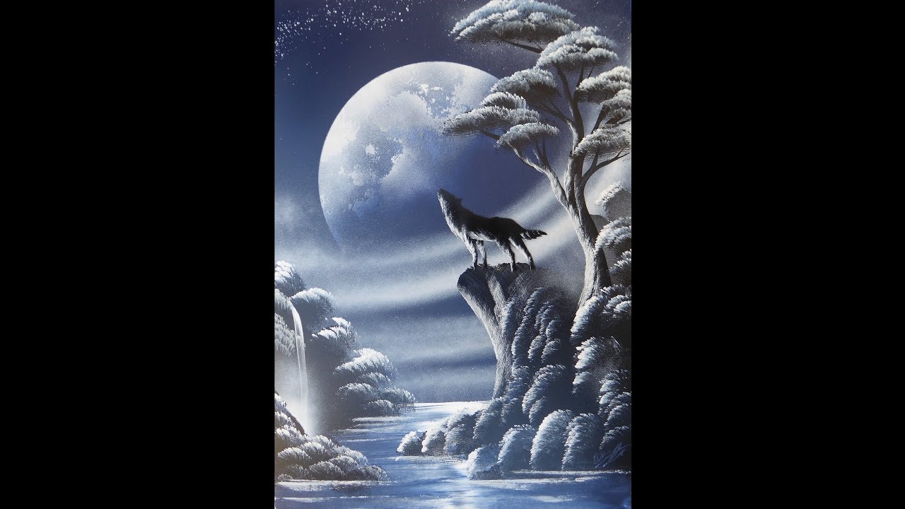 Spray paint art - Wolf howling at moon - made by street artist *time lapse*