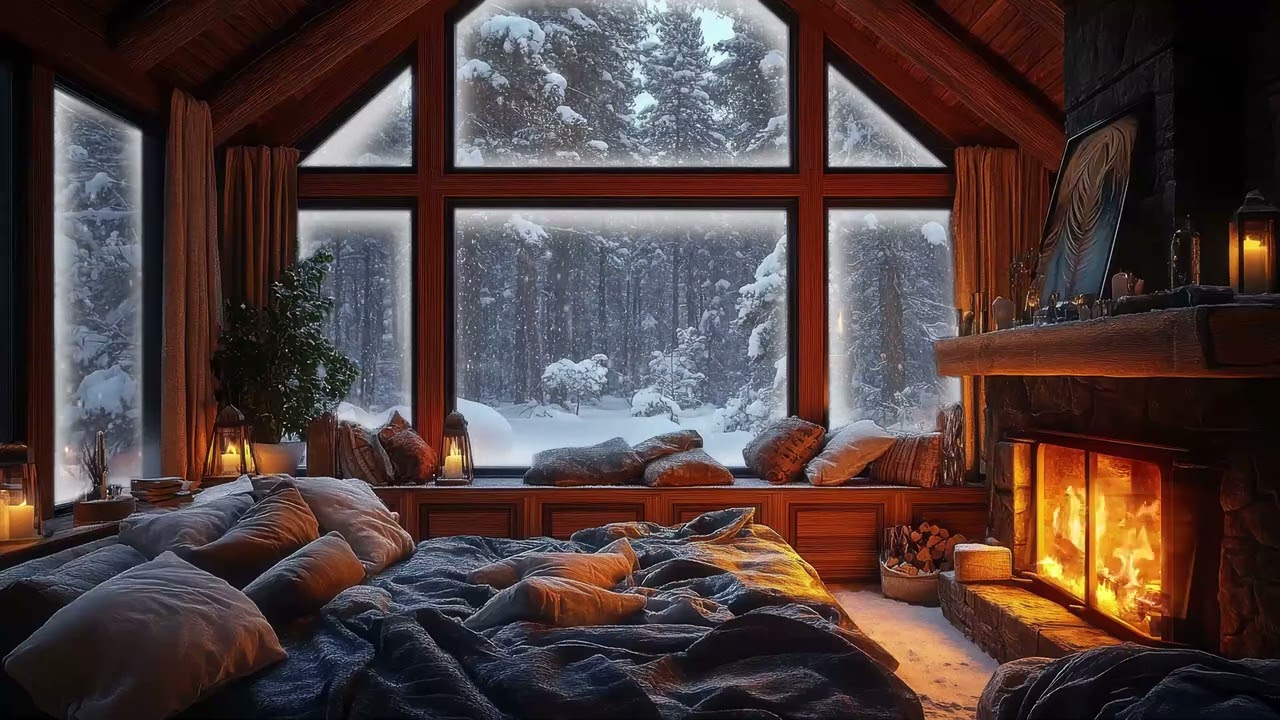 Caba&ntilde;a Acogedora en Tormenta | Chimenea y Nieve para Sue&ntilde;o Profundo 💤
