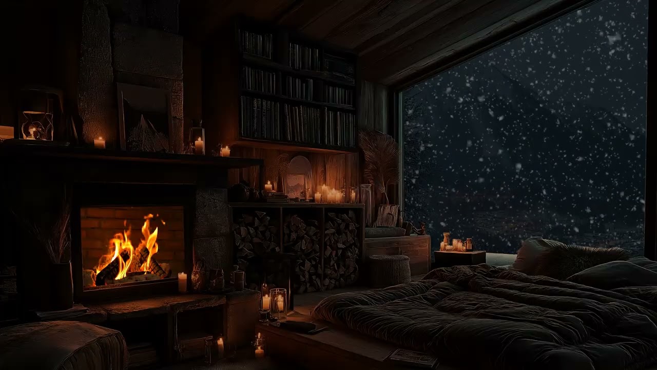 (No Ads) Winter Wind Outside, Fireplace Warmth Inside | Calm Night Ambience