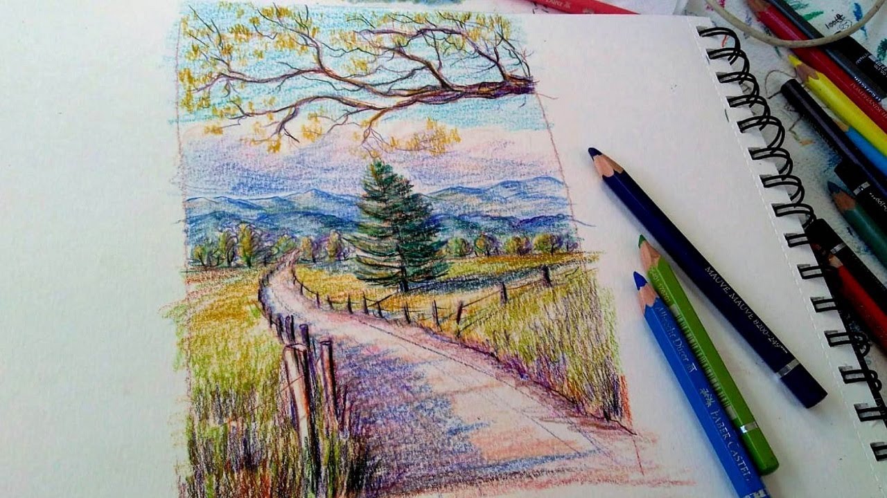 PINHEIRO no CAMINHO! Como dar a SENSAÇÃO de SOL 🌞na PINTURA!! DESENHO de PAISAGEM com LÁPIS de COR!