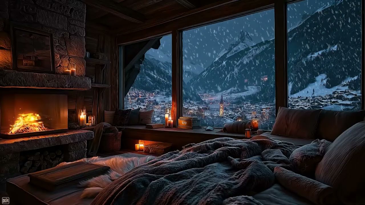 (No Ads) Crackling Fireplace in a Windy Winter Night | Deep Calm Ambience