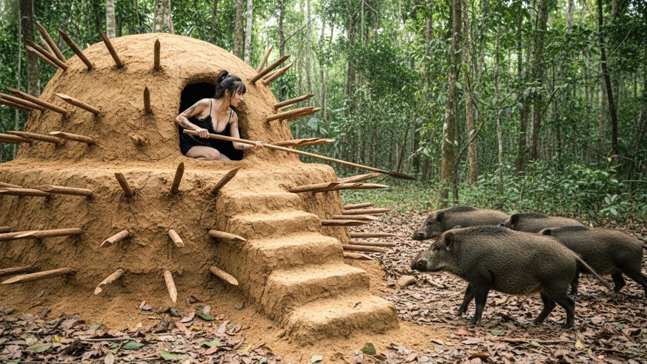 Jungle survival - A girl builds a shelter to protect herself from wild boar attacks.