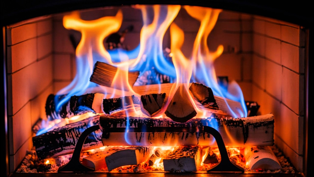 ❄️ Feel Warmth and Peace with Vibrant Blue Orange Flames Over Burning Logs