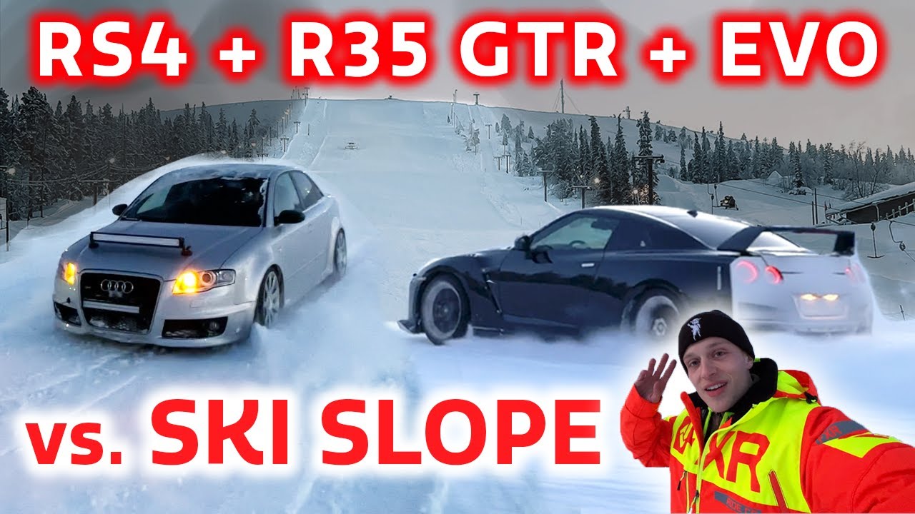 Nissan R35 GTR, EVO 9 & RS4 B7 drifting up SKI SLOPE - *POLICE* Sound & Flames - OG Schaefchen