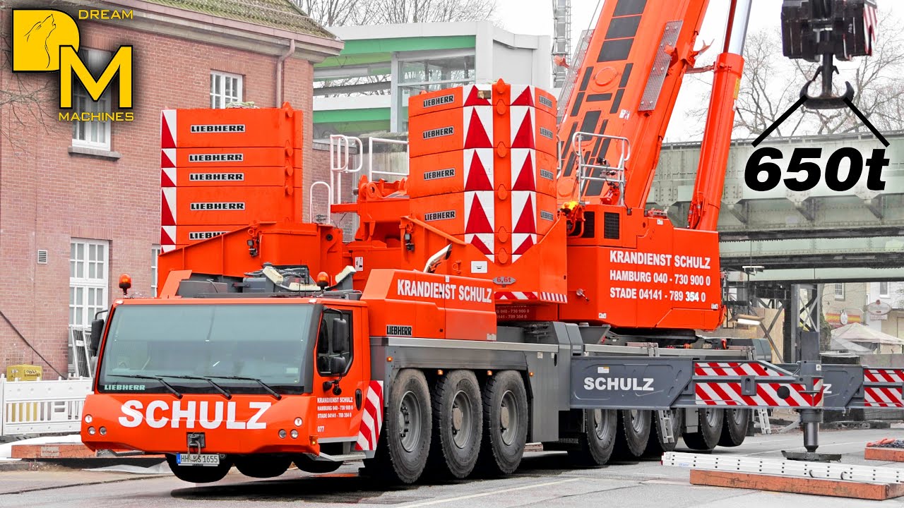 Powerful heavy lifting crane 650 ton Liebherr LTM 1650-8.1 First job 140 ton railway bridge 4K 🚧⚠️🛠️