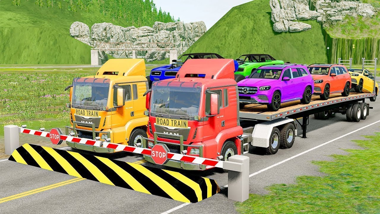TRANSPORTING PIXAR CARS & FRUITS WITH COLORED & JOHN DEERE vs CLAAS vs TRACTORS - BeamNG.drive
