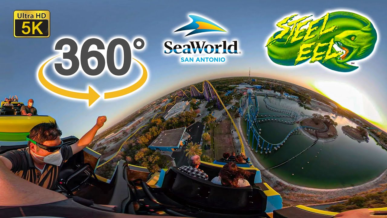 VR 360 Steel Eel Roller Coaster at Sunset On Ride Ultra HD 5K POV SeaWorld San Antonio 2020-11-15