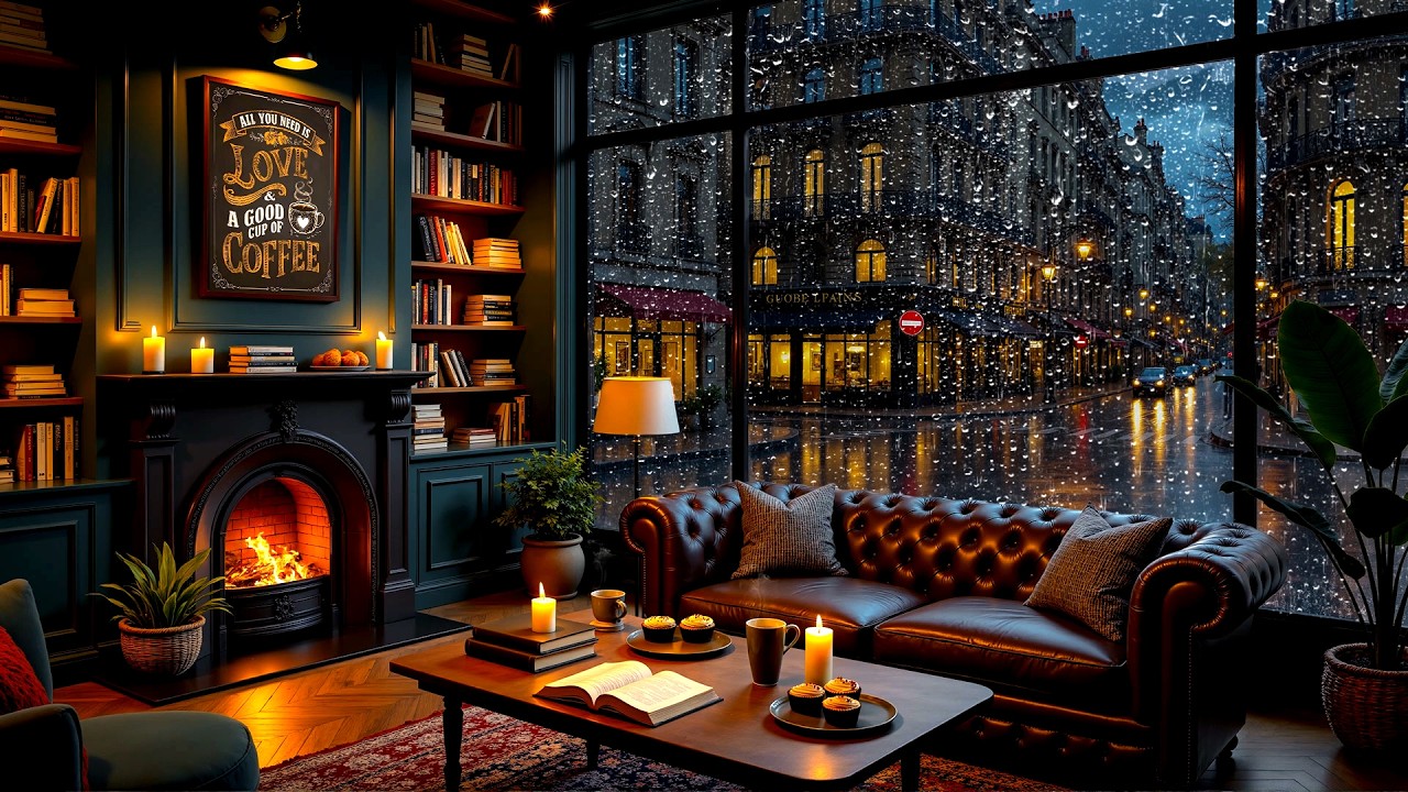 Peaceful Night Jazz for Deep Thoughts 🌧️ Rainy Paris Cafe Ambience & Fireplace Sounds to Fall Asleep