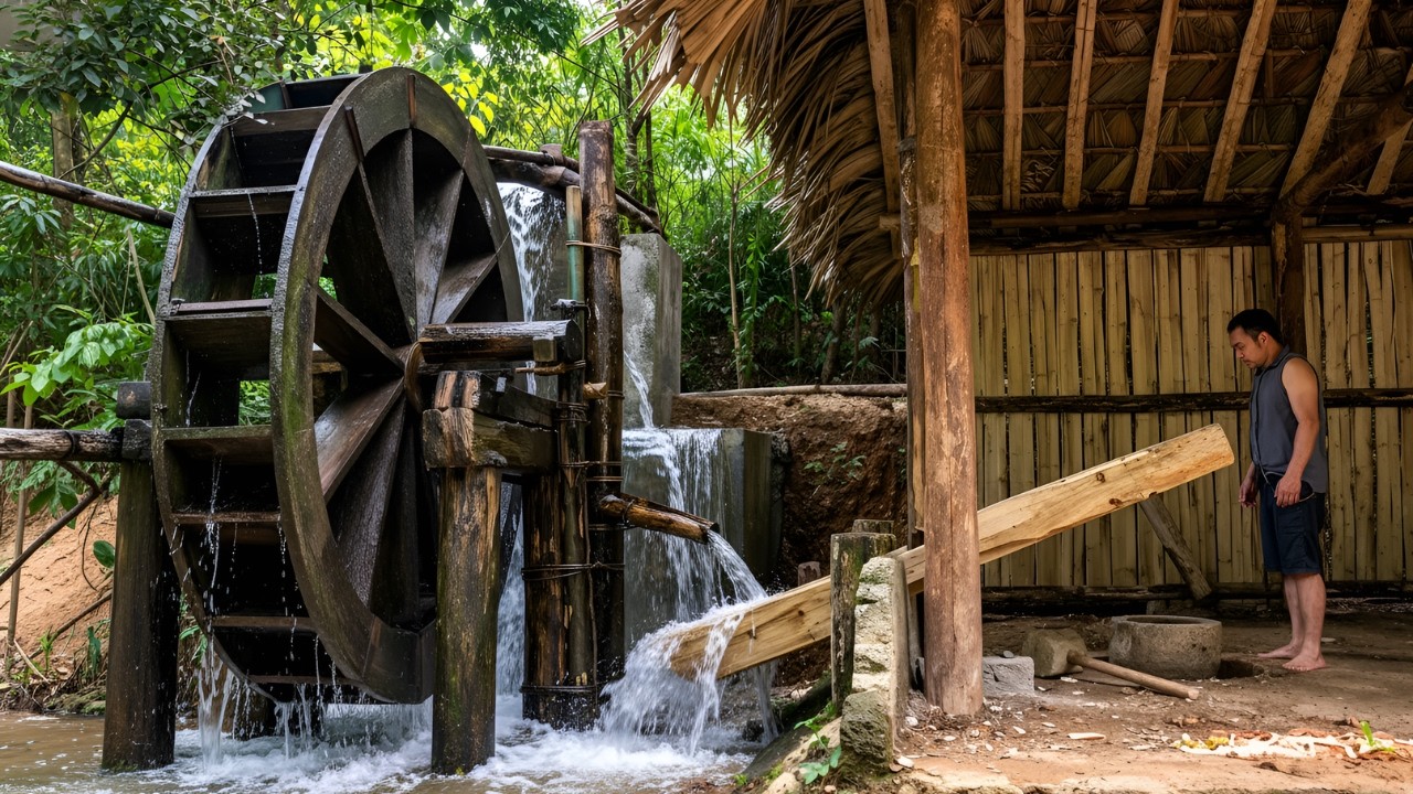Crafting a Water-Powered Grain Pounder Automatically | Foraging Natural Food & Survival Skills