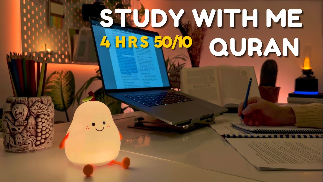 4-Hour Study With Me | Quran recitation | Study with me quran | pomodoro 50/10 | Rainy Night 🌧