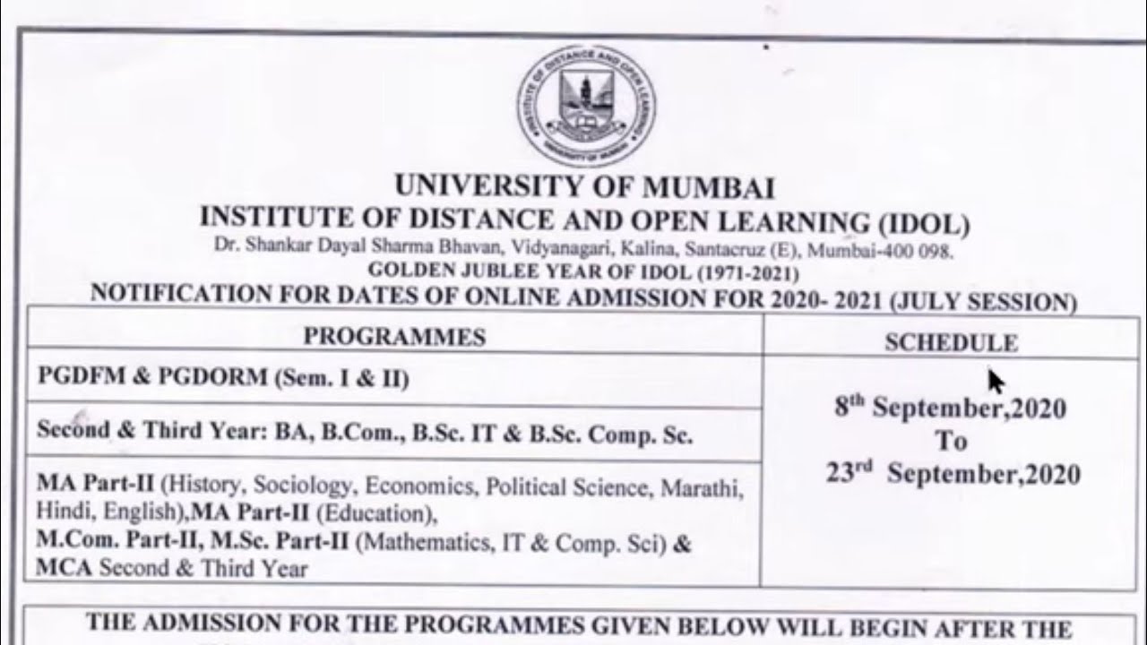 IDOL Admission will Start 2020-21 ll Mumbai University ll Exam Time table will Out 2019-20