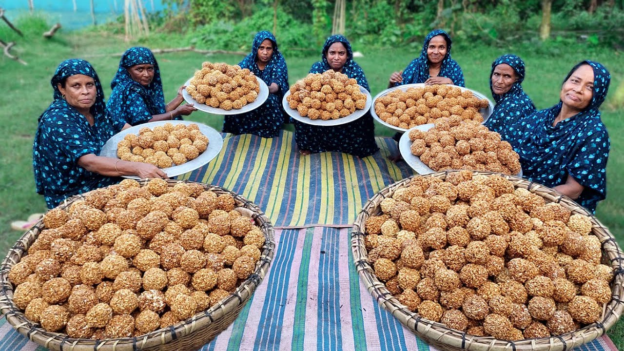 Moa - Puffed Rice Sweet Ball Making Process - Evening Snacks for Whole Village people