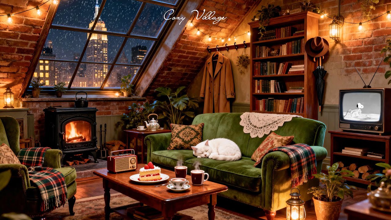 it's cozy rainy night 1940s with oldies playing in another room for unwind (fireplace & rain sounds)