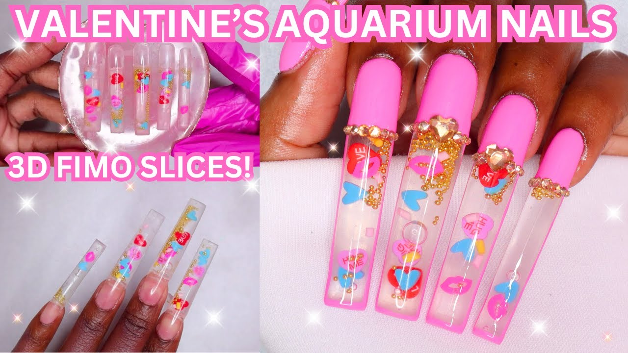💦💕 HOW TO DO AQUARIUM VALENTINE'S DAY NAILS | 3XL 3D FIMO SLICES AQUARIUM NAILS