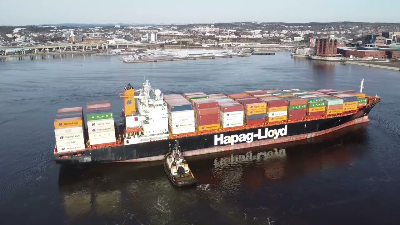Aerial Views! Container Ship VALENCIA EXPRESS Departing from Saint John,  NB, Canada - Two Tugs