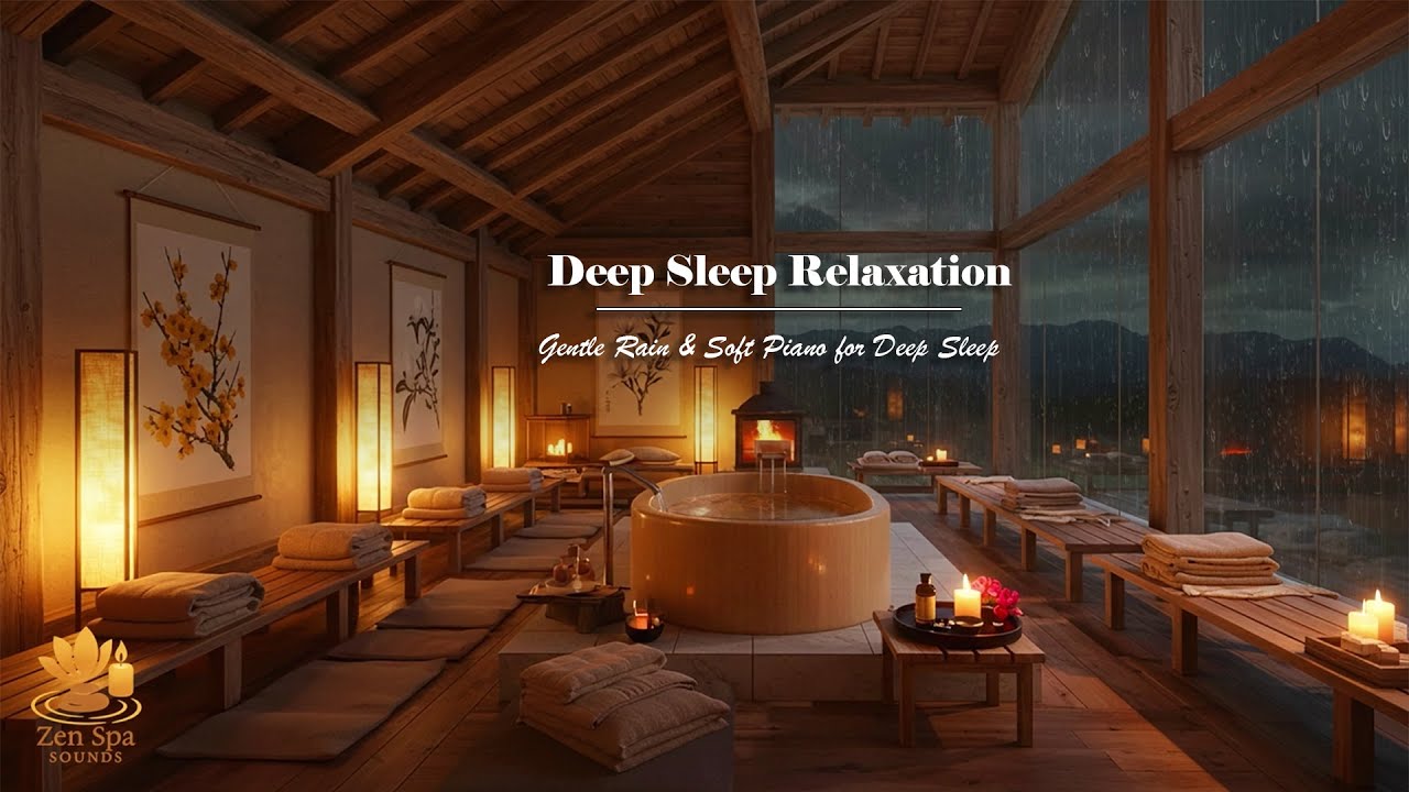 Deep Sleep Relaxation – Onsen Spa Ambience with Gentle Rain and Soft Piano for Deep Sleep