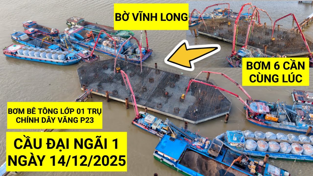 Ho&agrave;nh Tr&aacute;ng! Bơm b&ecirc; t&ocirc;ng lớp đầu ti&ecirc;n tại trụ ch&iacute;nh d&acirc;y văng P23 - Cầu Đại Ng&atilde;i 1 ph&iacute;a bờ Vĩnh Long