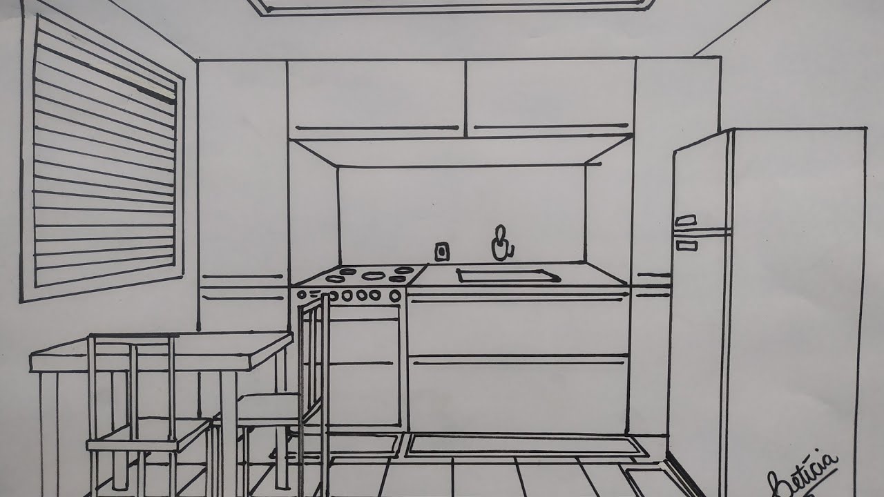 Como desenhar COZINHA com um ponto de fuga - perspectiva interna ESPAÇO TRIDIMENSIONAL