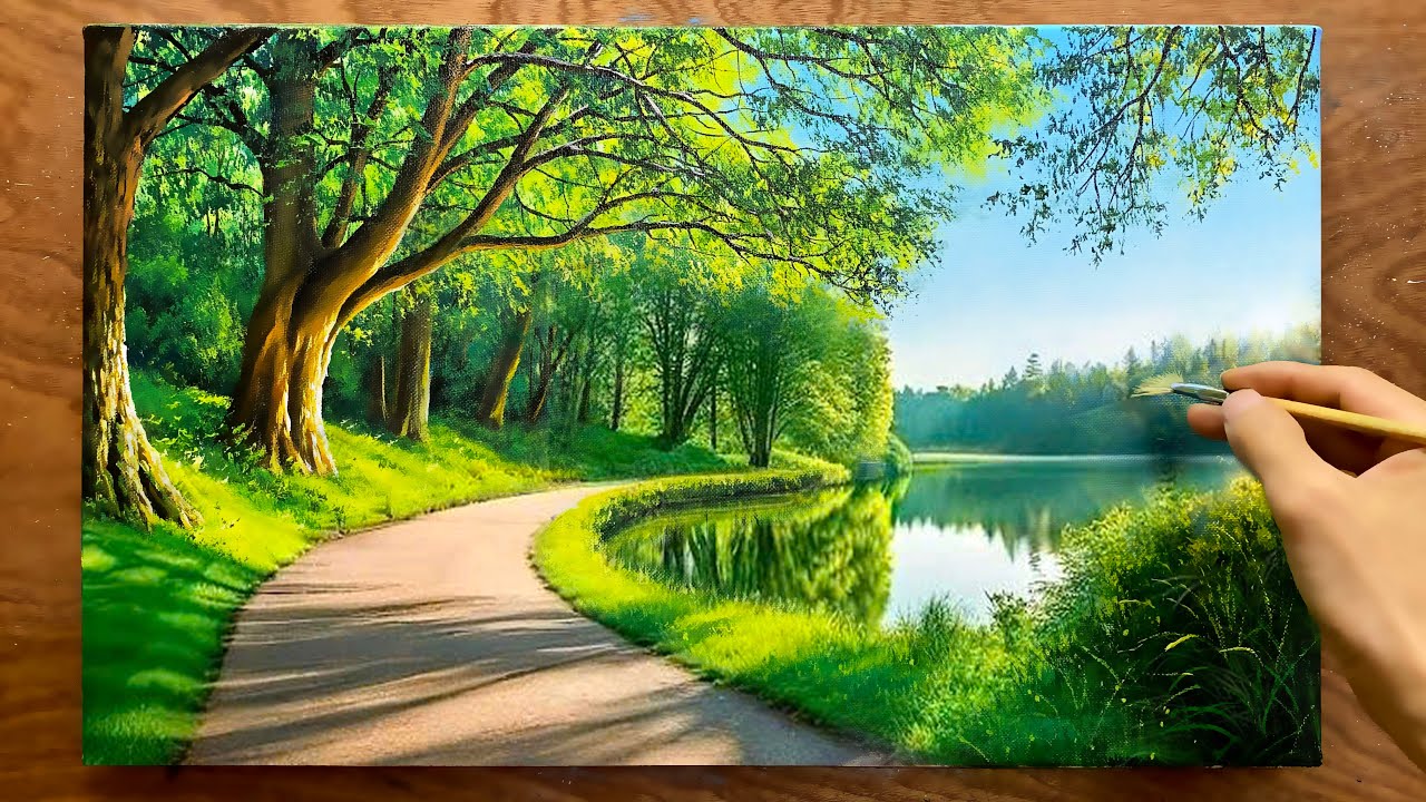 Draw a road along the lake shore #18 / Learn landscape painting / Beautiful lake landscape painting.
