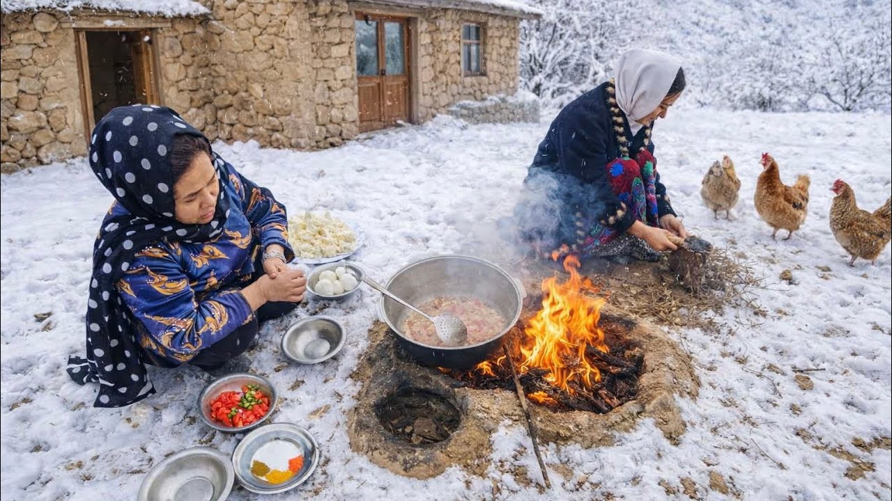 Rural Winter Food | Turnip Greens and Rice in the Open Air