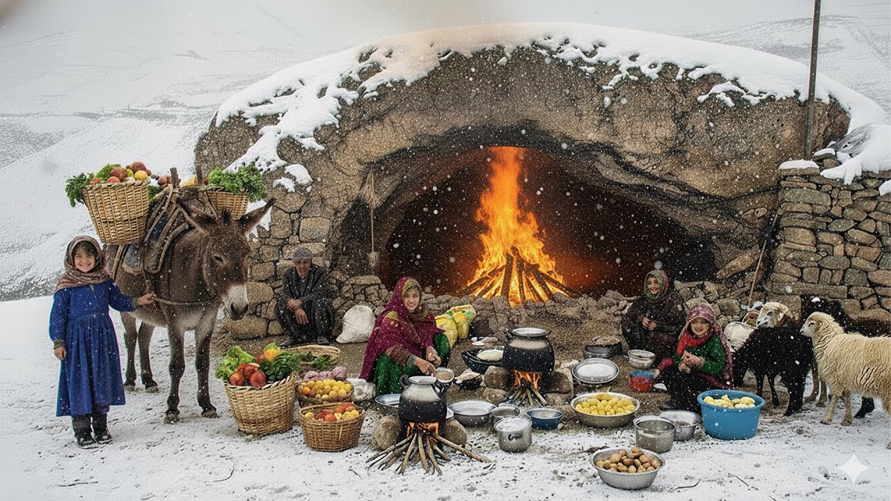 Surviving -30°C in a Remote Mountain Cave | Traditional Family Life & Cooking in Snow