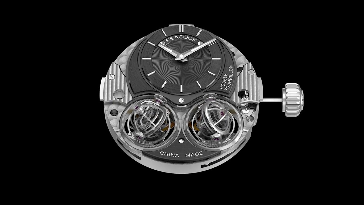 Peacock Dual Triple-Axis Tourbillon Movement 孔雀三维立体双球陀机心 (Video credit to Peacock Watch Official